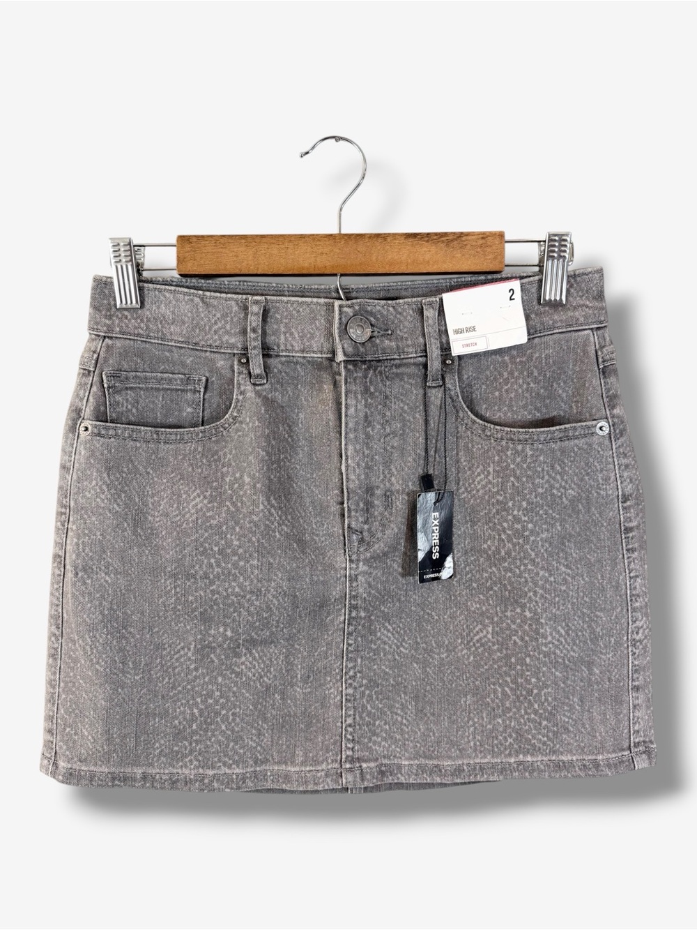 Express Denim Mini Skirt Size 2 Gray High Rise Animal Print Preppy Casual Summer